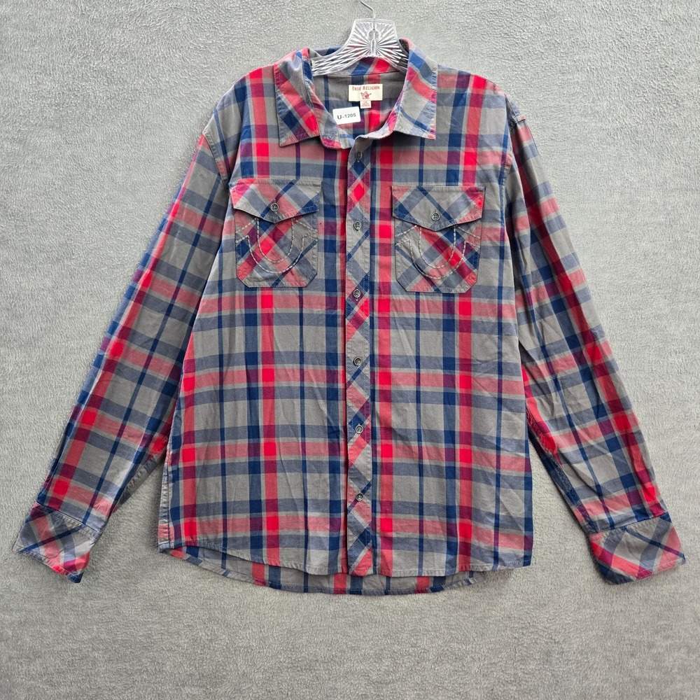 True Religion Men Button Up Shirt Large Red Plaid LS Utility READ